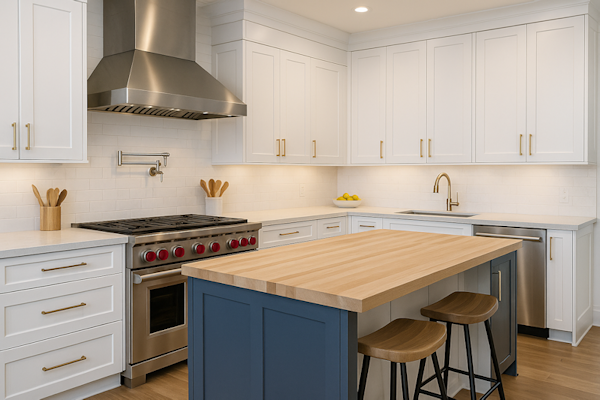 Remodeled kitchen with island, quartz counters and shaker cabinets in Lancaster