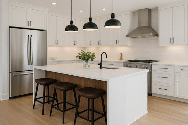 Remodeled kitchen with island, quartz counters and shaker cabinets in Newhall