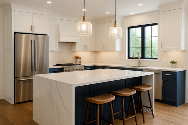 Remodeled kitchen with island, quartz counters and shaker cabinets in Brentwood