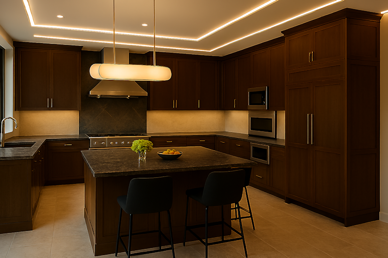 Remodeled kitchen with island, quartz counters and shaker cabinets in Sand Canyon